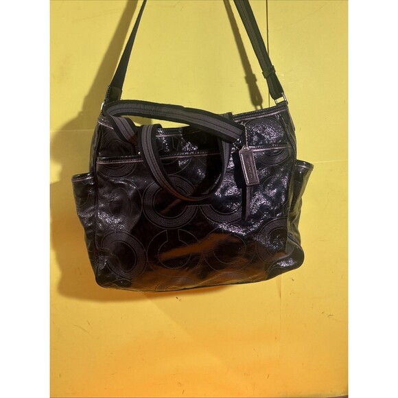 Coach Poppy Op Art C Patent Leather Baby Diaper Bag Bear Tag Super Size X-large - Picture 5 of 10